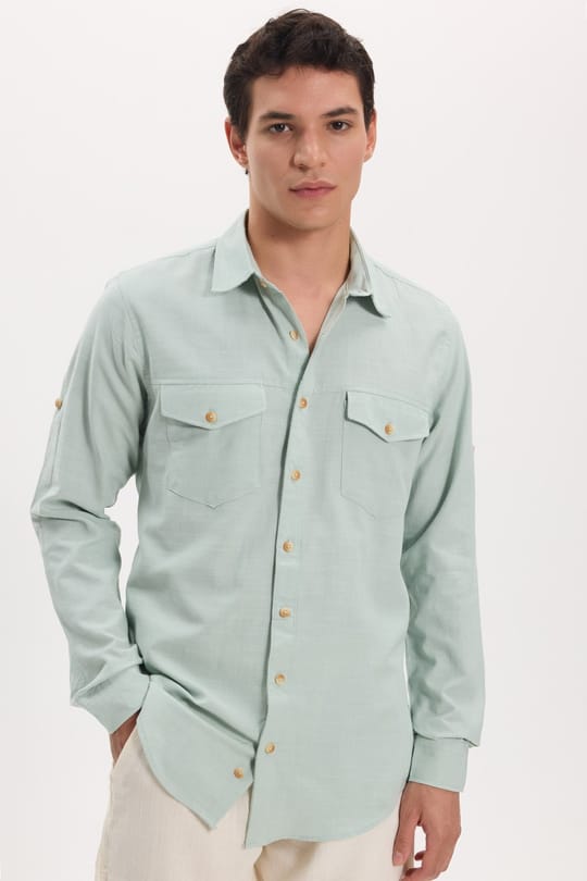 Erkek Slim Fit Dar Kesim %100 Pamuk Keten Doku Çift Cep Spor Yaka Yeşil Gömlek