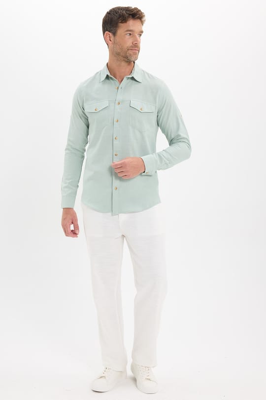 Erkek Slim Fit Dar Kesim %100 Pamuk Keten Doku Çift Cep Spor Yaka Yeşil Gömlek