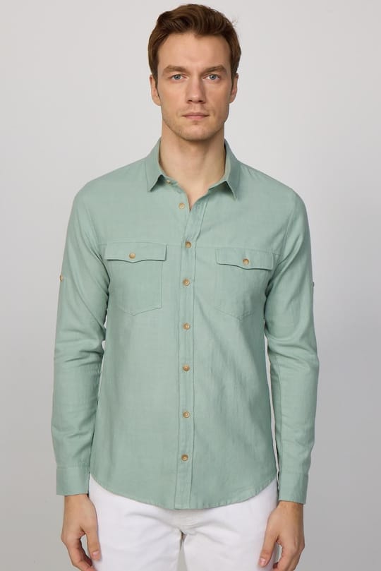 Erkek Slim Fit Dar Kesim %100 Pamuk Keten Doku Çift Cep Spor Yaka Yeşil Gömlek