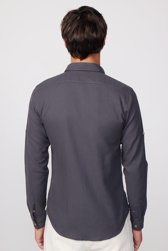 Erkek Slim Fit Dar Kesim %100 Pamuk Keten Doku Çift Cep Spor Yaka Füme Gömlek