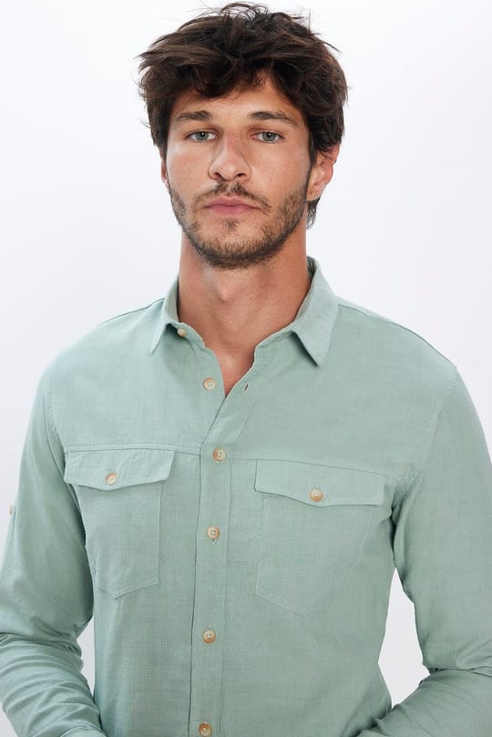Erkek Slim Fit Dar Kesim %100 Pamuk Keten Doku Çift Cep Spor Yaka Yeşil Gömlek