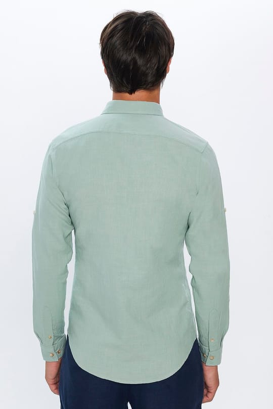 Erkek Slim Fit Dar Kesim %100 Pamuk Keten Doku Çift Cep Spor Yaka Yeşil Gömlek
