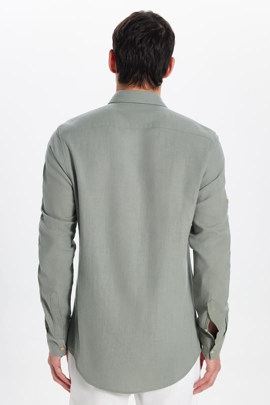 Erkek Slim Fit Dar Kesim %100 Pamuk Keten Doku Çift Cep Spor Yaka Açık Haki Gömlek