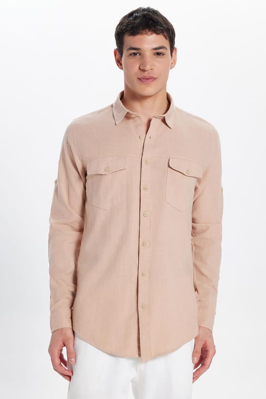 Erkek Slim Fit Dar Kesim %100 Pamuk Keten Doku Çift Cep Spor Yaka Somon Gömlek