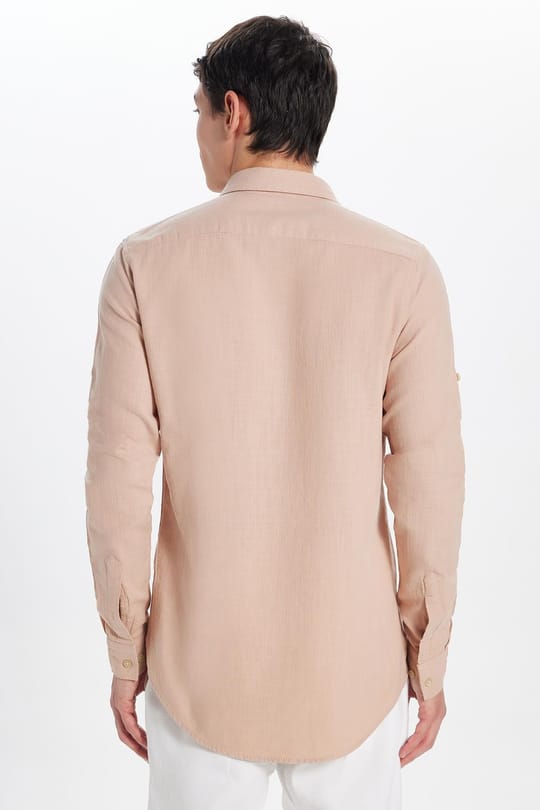 Erkek Slim Fit Dar Kesim %100 Pamuk Keten Doku Çift Cep Spor Yaka Somon Gömlek
