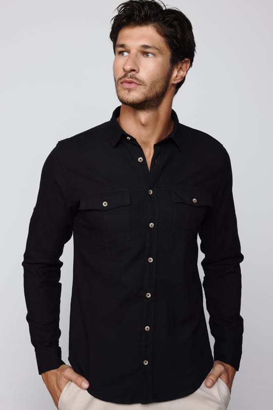 Slim Fit Uzun Kol Çift Cep Pamuk Keten Spor Yaka Siyah Erkek Gömlek