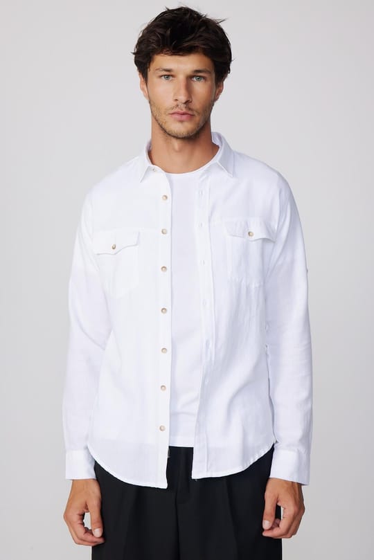 Erkek Slim Fit Dar Kesim %100 Pamuk Keten Doku Çift Cep Spor Yaka Beyaz Gömlek