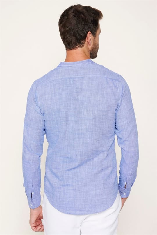 Erkek Slim Fit Dar Kesim Uzun Kollu %100 Pamuk Keten Doku Hakim Yaka Sax Mavi Gömlek
