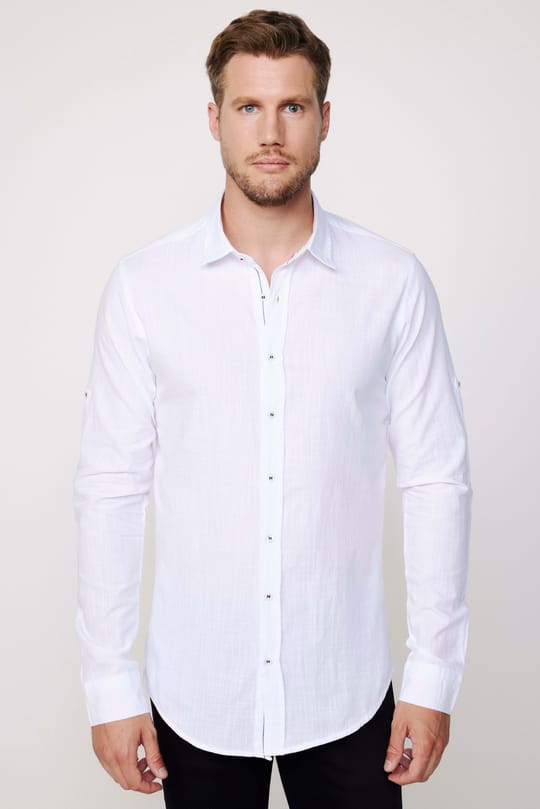 Erkek Slim Fit Dar Kesim Uzun Kollu %100 Pamuk Keten Doku Apoletli Beyaz Gömlek