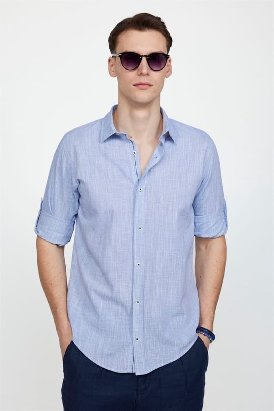 Erkek Slim Fit Dar Kesim Uzun Kollu %100 Pamuk Keten Doku Apoletli Sax Mavi Gömlek