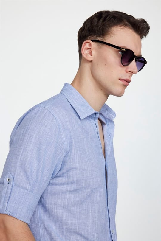 Erkek Slim Fit Dar Kesim Uzun Kollu %100 Pamuk Keten Doku Apoletli Sax Mavi Gömlek