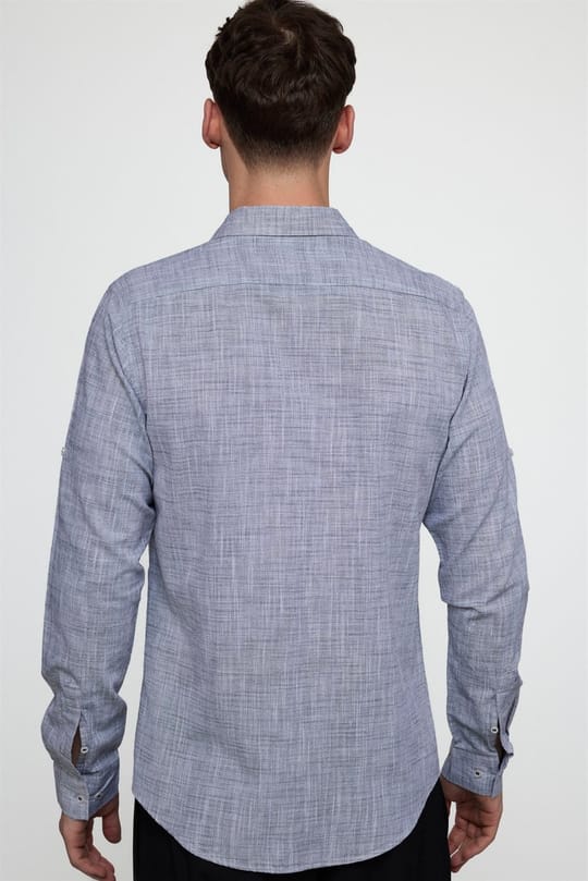 Erkek Slim Fit Dar Kesim Uzun Kollu %100 Pamuk Keten Doku Apoletli Lacivert Gömlek