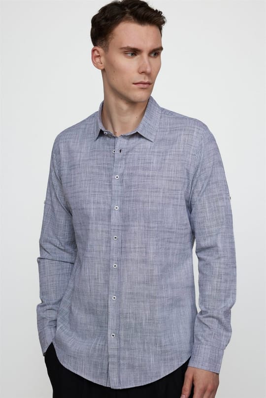 Erkek Slim Fit Dar Kesim Uzun Kollu %100 Pamuk Keten Doku Apoletli Lacivert Gömlek