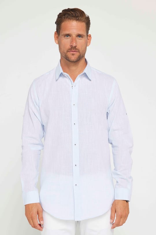 Erkek Slim Fit Dar Kesim Uzun Kollu %100 Pamuk Keten Doku Apoletli Mavi Gömlek