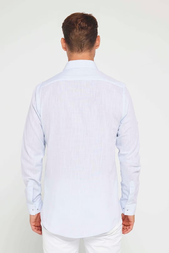 Erkek Slim Fit Dar Kesim Uzun Kollu %100 Pamuk Keten Doku Apoletli Mavi Gömlek