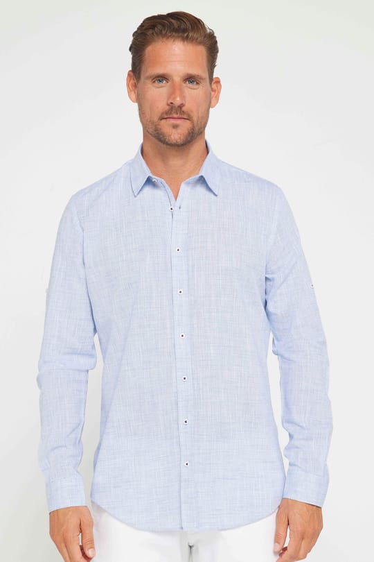 Erkek Slim Fit Dar Kesim Uzun Kollu %100 Pamuk Keten Doku Apoletli Mavi Gömlek