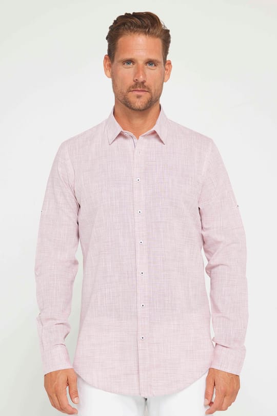 Erkek Slim Fit Dar Kesim Uzun Kollu %100 Pamuk Keten Doku Apoletli Bordo Gömlek