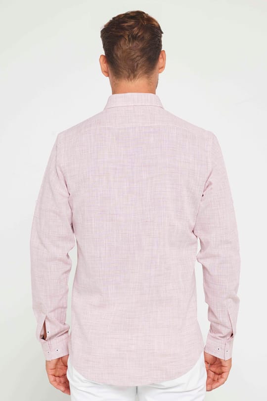 Erkek Slim Fit Dar Kesim Uzun Kollu %100 Pamuk Keten Doku Apoletli Bordo Gömlek