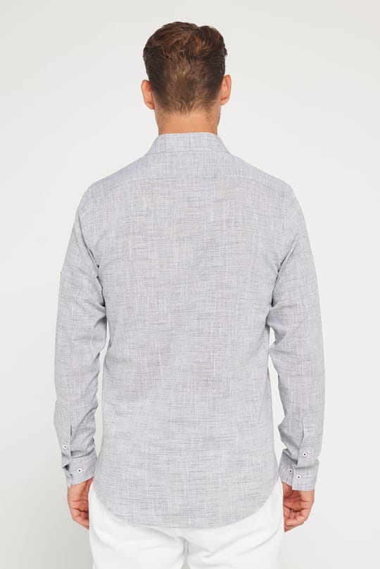 Erkek Slim Fit Dar Kesim Uzun Kollu %100 Pamuk Keten Doku Apoletli Gri Gömlek
