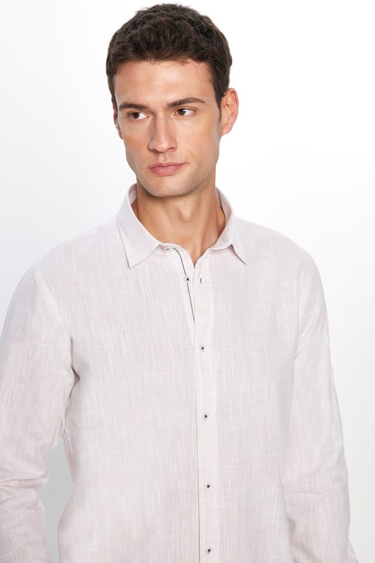 Slim Fit Uzun Kol Apoletli Keten Düz Erkek Gömlek