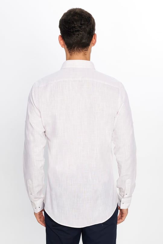 Erkek Slim Fit Dar Kesim Uzun Kollu %100 Pamuk Keten Doku Apoletli Taş Renk Gömlek