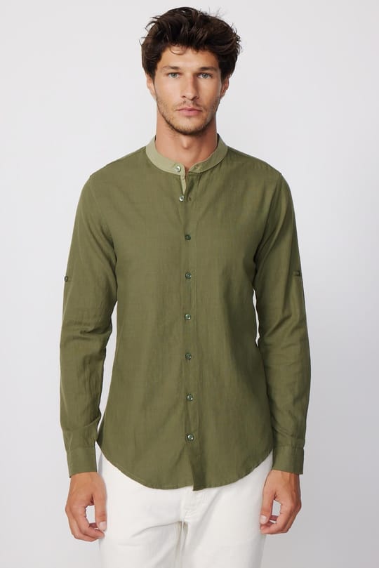 Slim Fit  Düz Hakim Yaka Kol Apoletli Ketenli Haki Erkek Gömlek