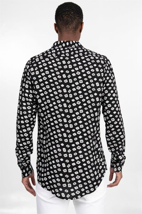 Slim Fit Uzun Kollu Dar Kesim Baskılı Desen Viskon Spor Erkek Gömlek