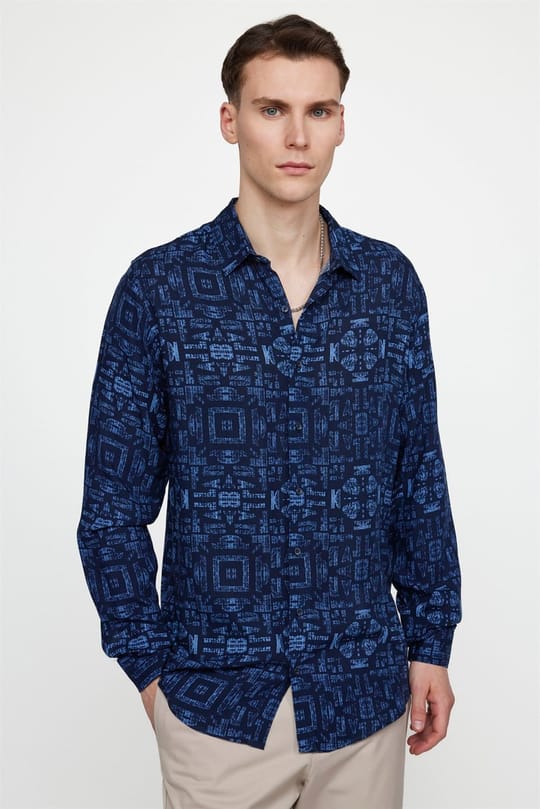 Slim Fit Uzun Kollu Dar Kesim Baskılı Desen Viskon Spor Erkek Gömlek