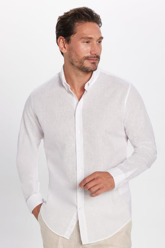 Erkek Slim Fit Dar Kesim Uzun Kollu Keten Premium Seri Düğmeli Yaka Spor Beyaz Gömlek
