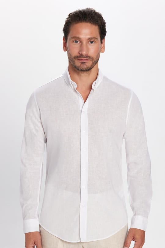 Erkek Slim Fit Dar Kesim Uzun Kollu Keten Premium Seri Düğmeli Yaka Spor Beyaz Gömlek