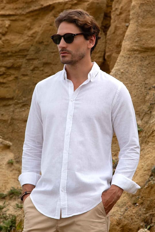 Erkek Slim Fit Dar Kesim Uzun Kollu Keten Premium Seri Düğmeli Yaka Spor Beyaz Gömlek