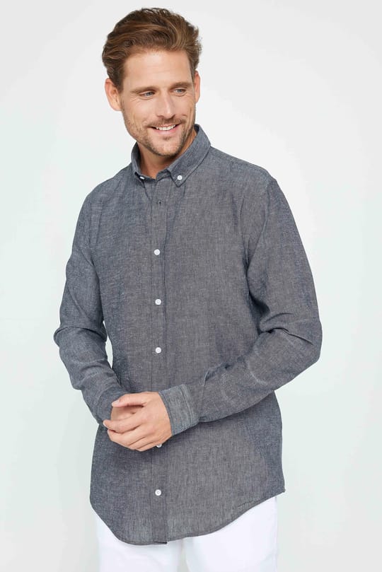 Slim Fit Uzun Kollu Keten Premium Seri Düğmeli Yaka Spor Antrasit Gömlek