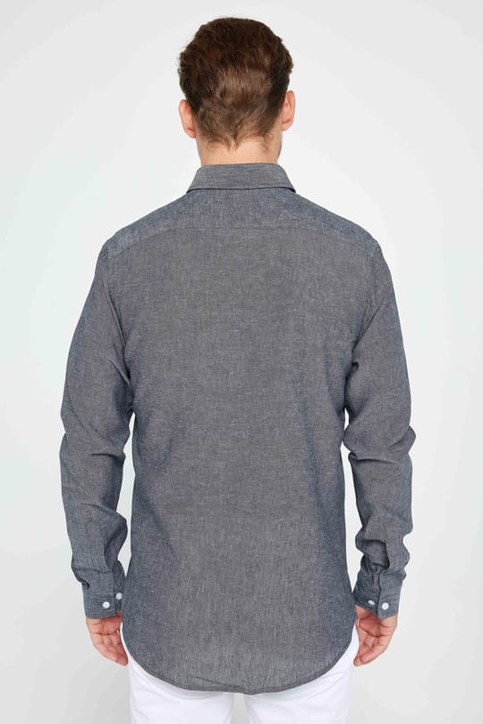 Erkek Slim Fit Dar Kesim Uzun Kollu Keten Premium Seri Düğmeli Yaka Spor Antrasit Gömlek