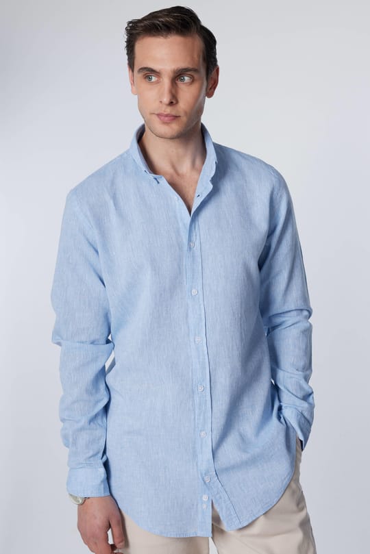 Erkek Slim Fit Dar Kesim Uzun Kollu Keten Premium Seri Düğmeli Yaka Spor Mavi Gömlek