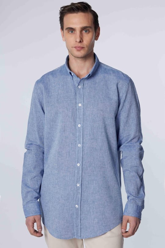 Erkek Slim Fit Dar Kesim Uzun Kollu Keten Premium Seri Düğmeli Yaka Spor Mavi Gömlek