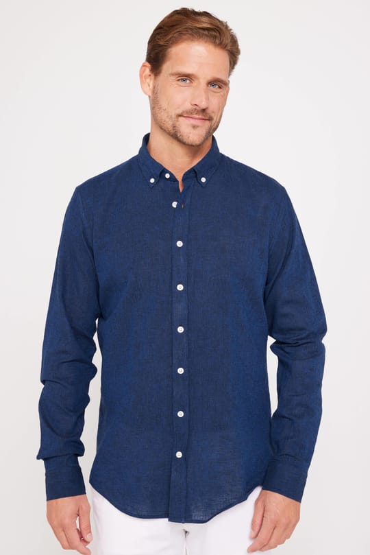 Erkek Slim Fit Dar Kesim Uzun Kollu Keten Premium Seri Düğmeli Yaka Spor Lacivert Gömlek