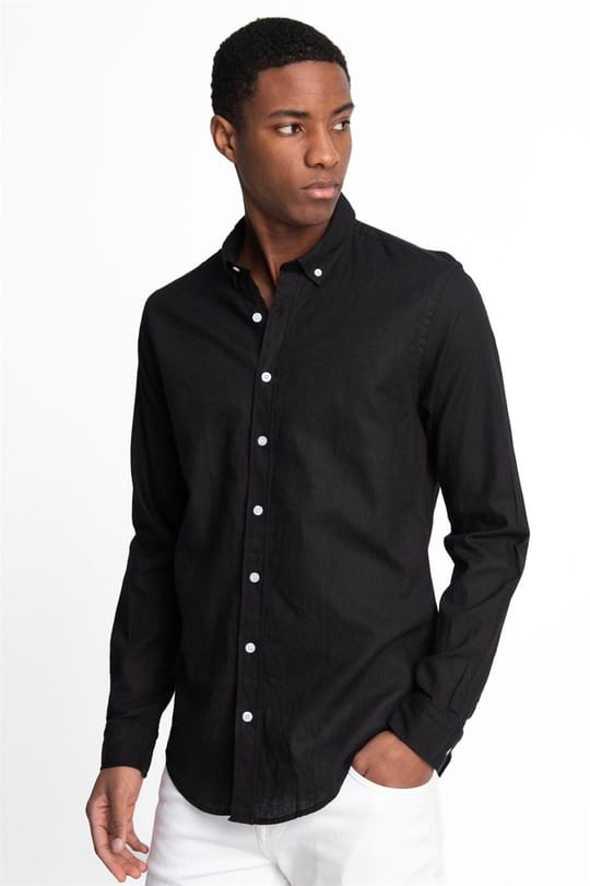 Erkek Slim Fit Dar Kesim Uzun Kollu Keten Premium Seri Düğmeli Yaka Spor Siyah Gömlek