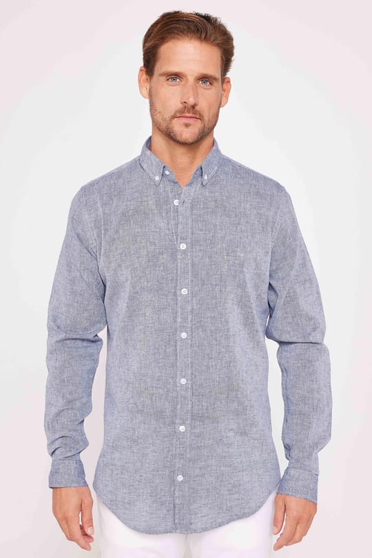 Erkek Slim Fit Dar Kesim Uzun Kollu Keten Premium Seri Düğmeli Yaka Spor Lacivert Gömlek