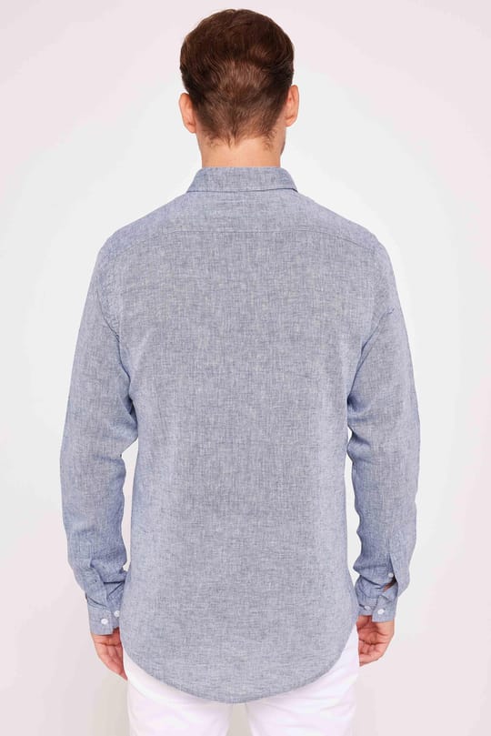 Erkek Slim Fit Dar Kesim Uzun Kollu Keten Premium Seri Düğmeli Yaka Spor Lacivert Gömlek