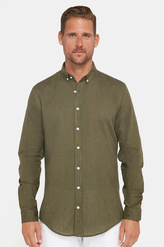 Erkek Slim Fit Dar Kesim Uzun Kollu Keten Premium Seri Düğmeli Yaka Spor Haki Gömlek