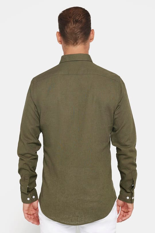 Erkek Slim Fit Dar Kesim Uzun Kollu Keten Premium Seri Düğmeli Yaka Spor Haki Gömlek