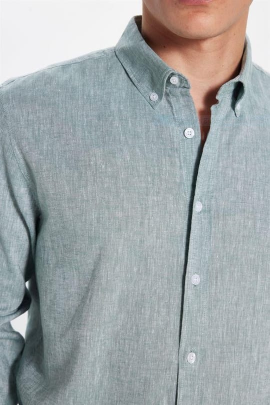 Erkek Slim Fit Dar Kesim Keten Efekt Premium Seri Düğmeli Yaka Düz Mint Gömlek