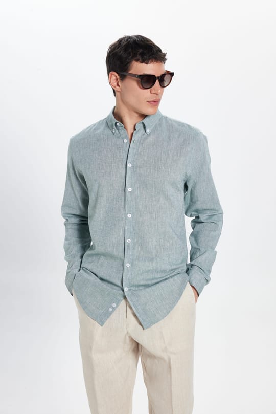 Slim Fit Dar Kesim Keten Efekt Premium Seri Düğmeli Yaka Düz Erkek Gömlek