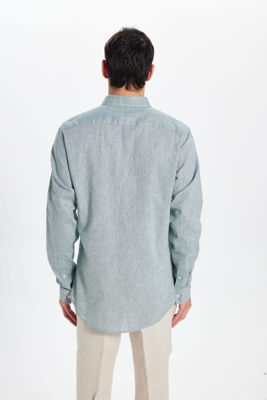 Erkek Slim Fit Dar Kesim Keten Efekt Premium Seri Düğmeli Yaka Düz Mint Gömlek