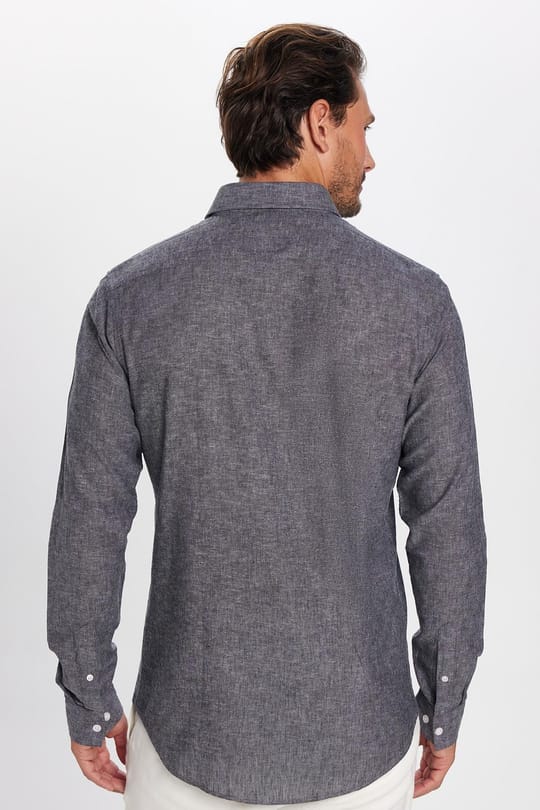 Erkek Slim Fit Dar Kesim Uzun Kollu Keten Premium Seri Düğmeli Yaka Spor Antrasit Gömlek