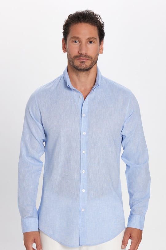 Erkek Slim Fit Dar Kesim Uzun Kollu Keten Premium Seri Düğmeli Yaka Spor Mavi Gömlek