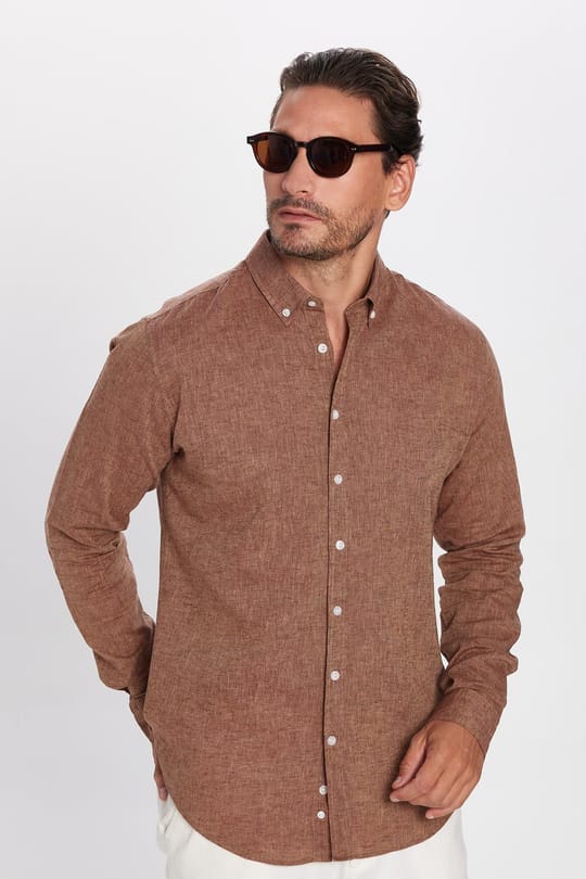 Slim Fit Dar Kesim Keten Efekt Premium Seri Düğmeli Yaka Düz Erkek Gömlek