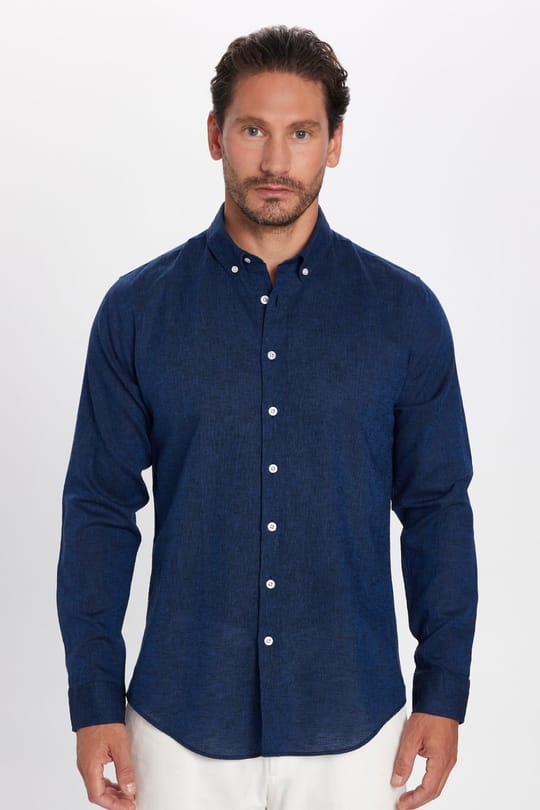 Erkek Slim Fit Dar Kesim Uzun Kollu Keten Premium Seri Düğmeli Yaka Spor İndigo Gömlek