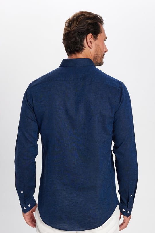 Erkek Slim Fit Dar Kesim Uzun Kollu Keten Premium Seri Düğmeli Yaka Spor İndigo Gömlek