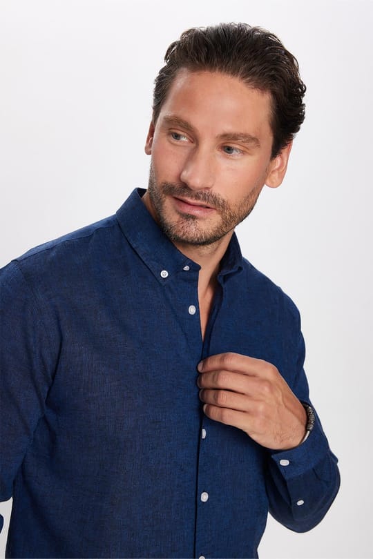 Erkek Slim Fit Dar Kesim Uzun Kollu Keten Premium Seri Düğmeli Yaka Spor İndigo Gömlek